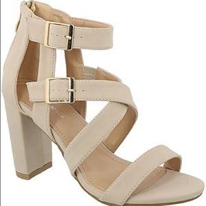 Double strap block heeled open toe shoes - beige